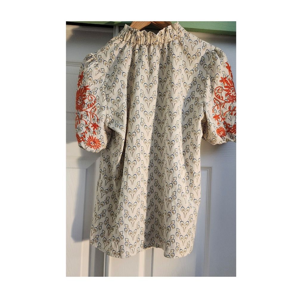 SHEIN Women Cream‎ Embroidered Puff Sleeve Ruffle High Neck Blouse Top Size 6 M